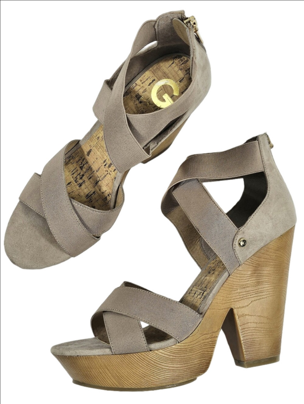 G By Guess Sirrah Beige Taupe Faux Suede Cross Strap Woodgrain Platform Sandal - Picture 2 of 16